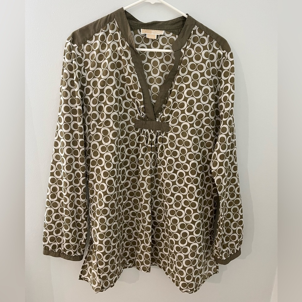 Michael Kors Olive Green and White Graphic Tunic with Mandarin Collar, Size XL